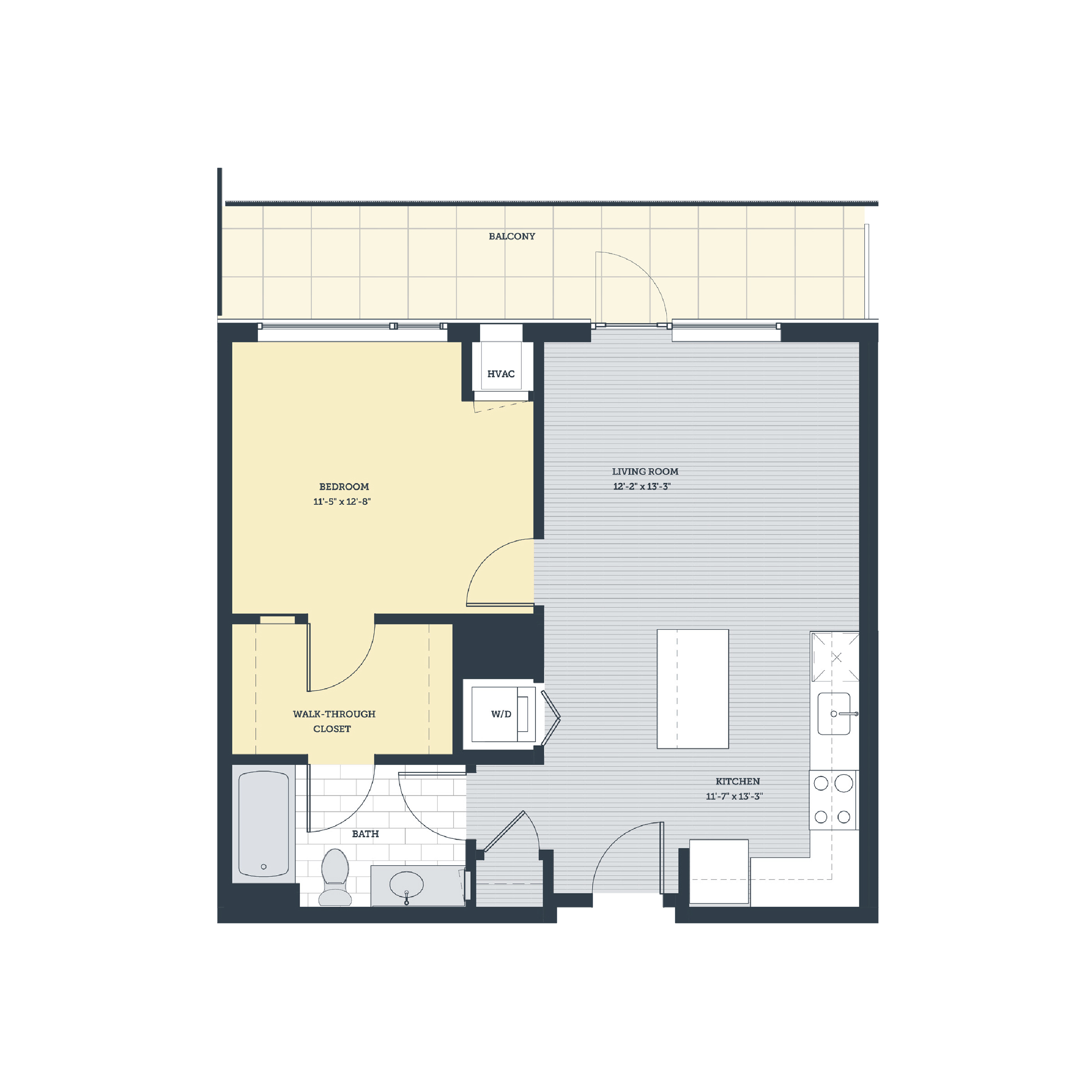 Floor plan for 1 bed, 1 bath, 683 sqft